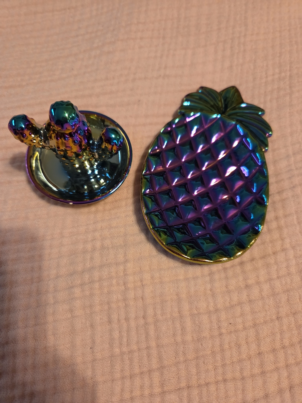 Rainbow Iridescent Ceramic Cactus Pineapple Ring Holder and Trinket Dish
